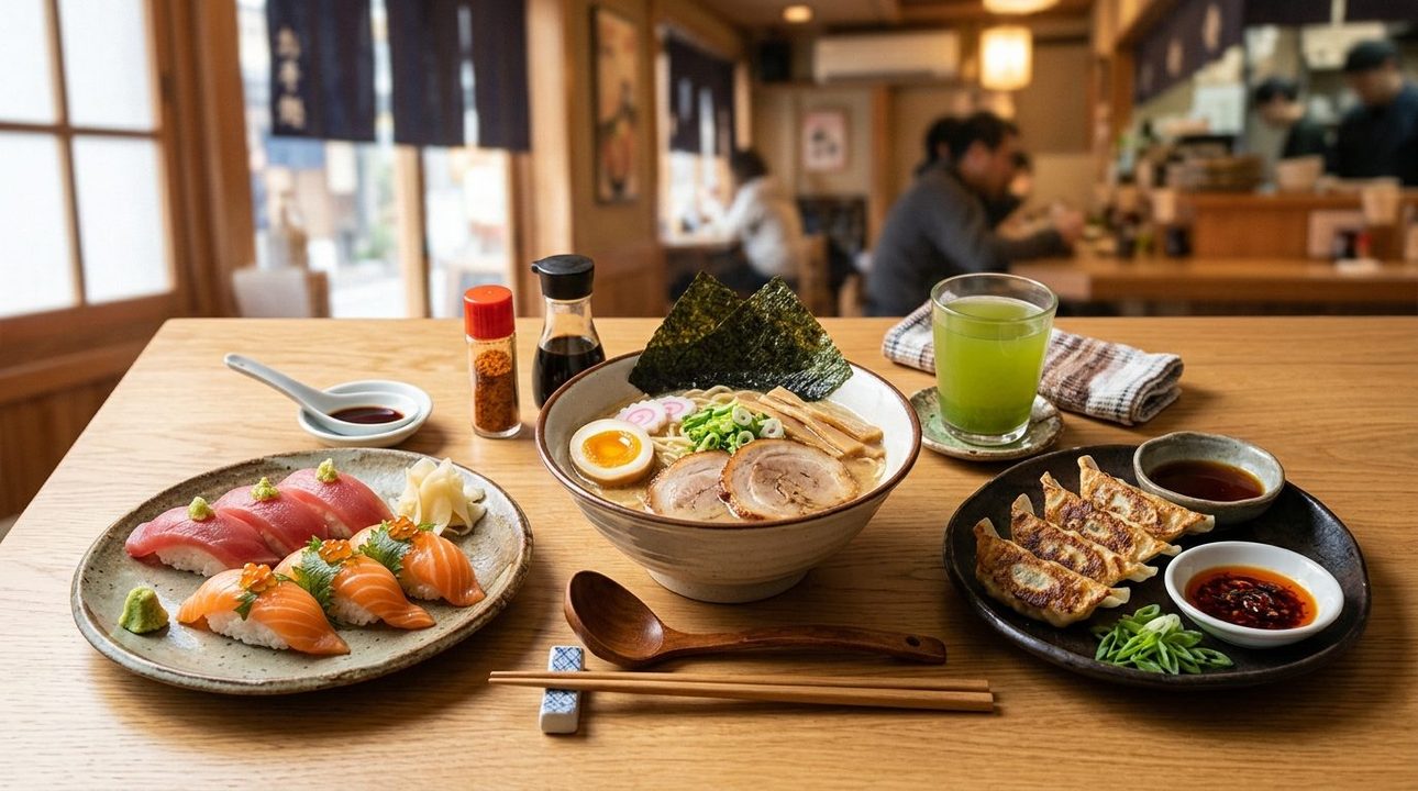 握り寿司、ラーメン、焼き餃子、お茶が並ぶ日本の外食テーブル風景
