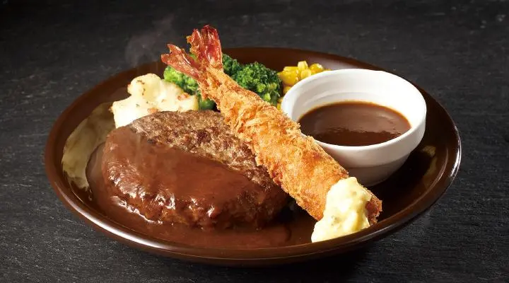 アンガスビーフ100％ステーキハンバーグデミグラスソース＆海老フライ
