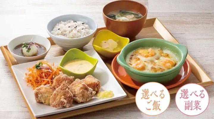 3種の味が楽しめる、サクサク鶏竜田＆選べる副菜